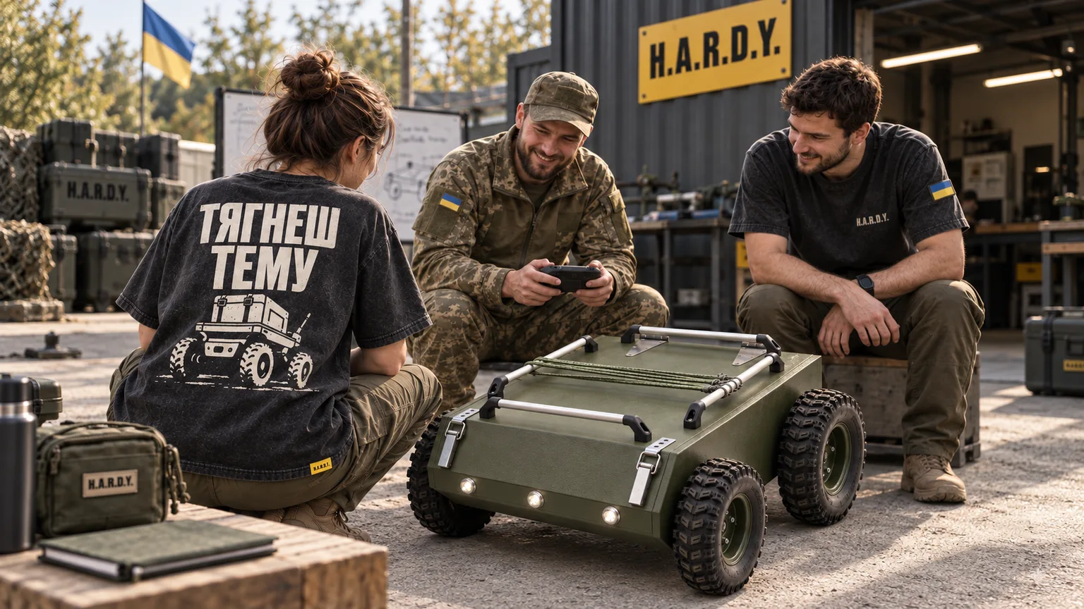 Бренд-сцена спільноти HARDY: люди, робот і навчання. ШІ-візуалізація.