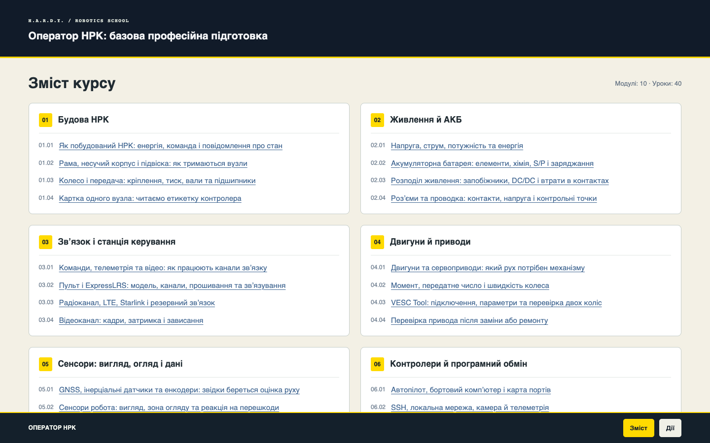 Демо змісту курсу Оператор НРК на широкому екрані: модулі й уроки