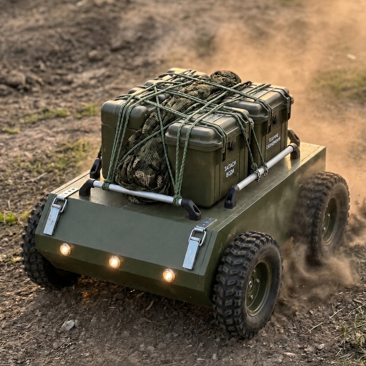HARDY MUL plywood unmanned ground vehicle carrying field cargo on rough terrain