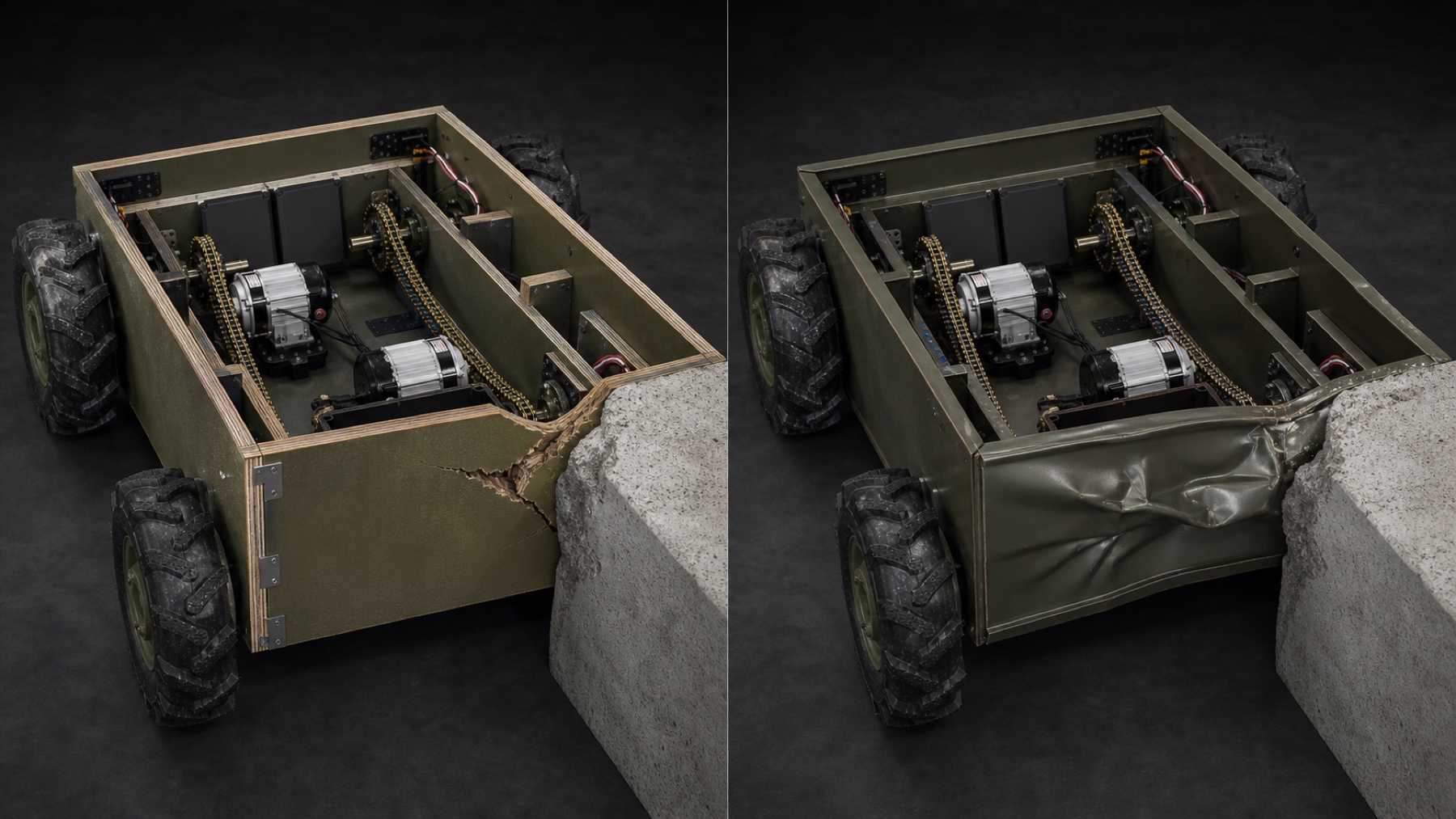 Qualitative comparison of local plywood-box damage and broad steel-shell deformation after an identical collision with a rigid obstacle