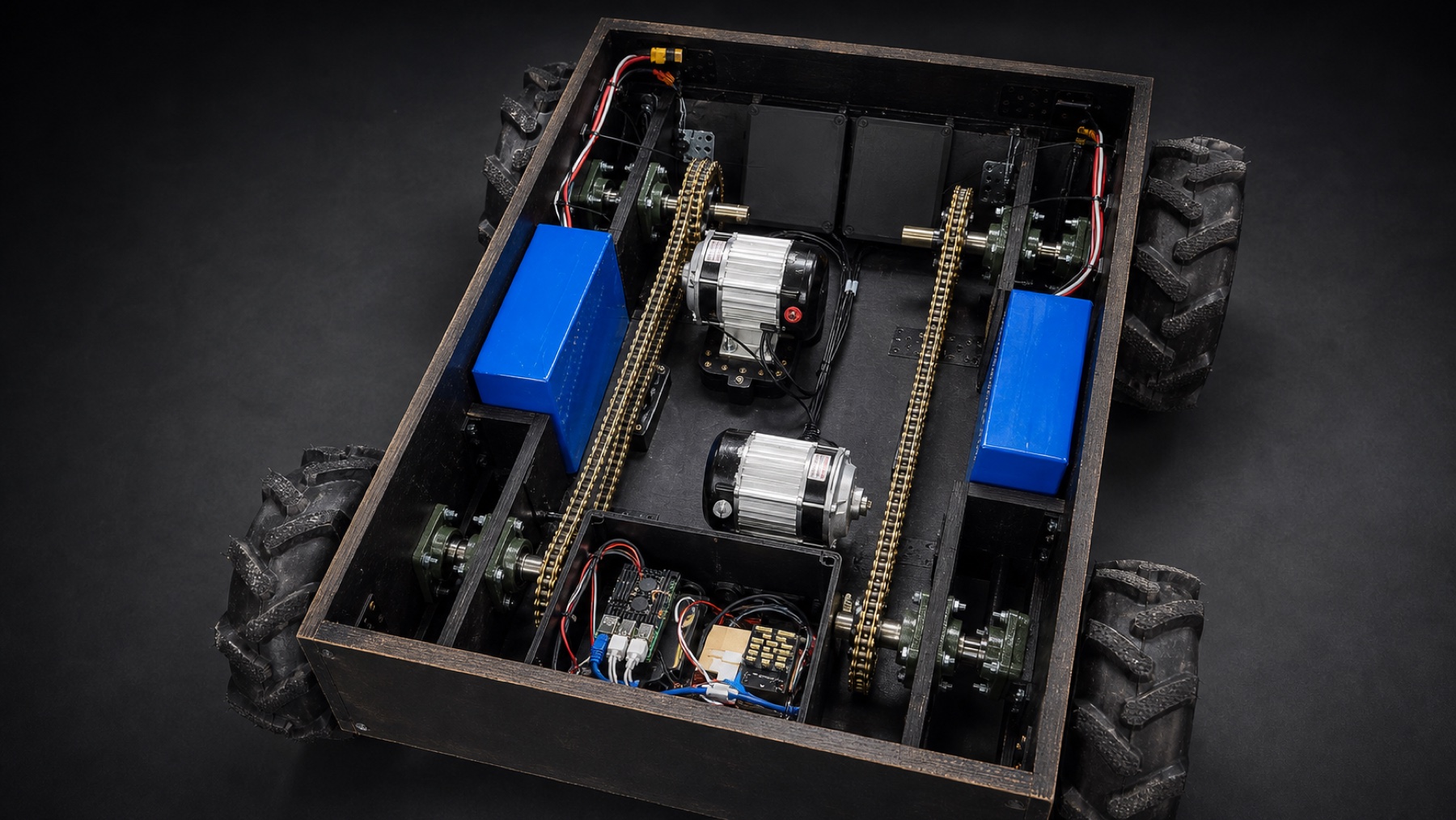 Visual reconstruction from prototype photographs: HARDY plywood box chassis with two electric motors, symmetrical chain drives, industrial bearings, batteries and a serviceable electronics bay
