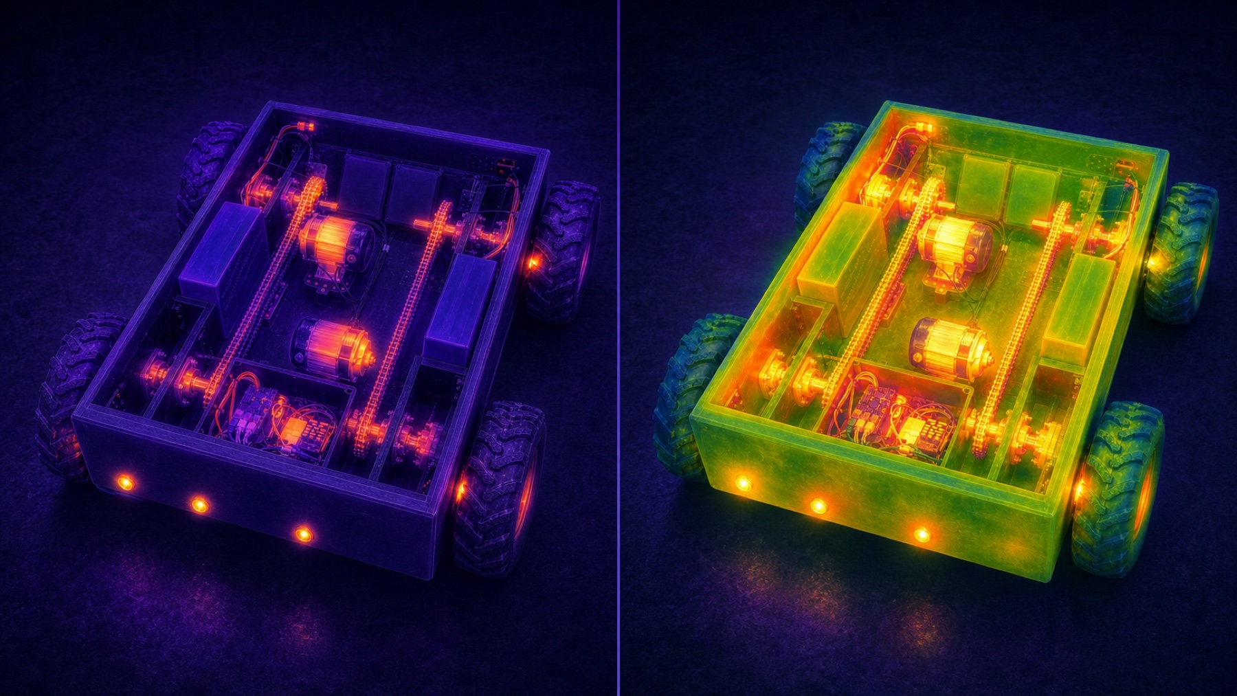 Qualitative side-by-side thermal visualisation of identical HARDY drive layouts: localised hot components in a plywood box and broader panel warming in a steel shell