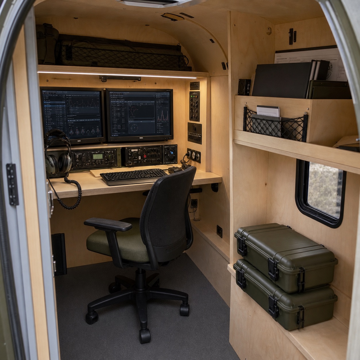 Інтер’єр HARDY MOBILE COMMAND з двома екранами та операторською консоллю