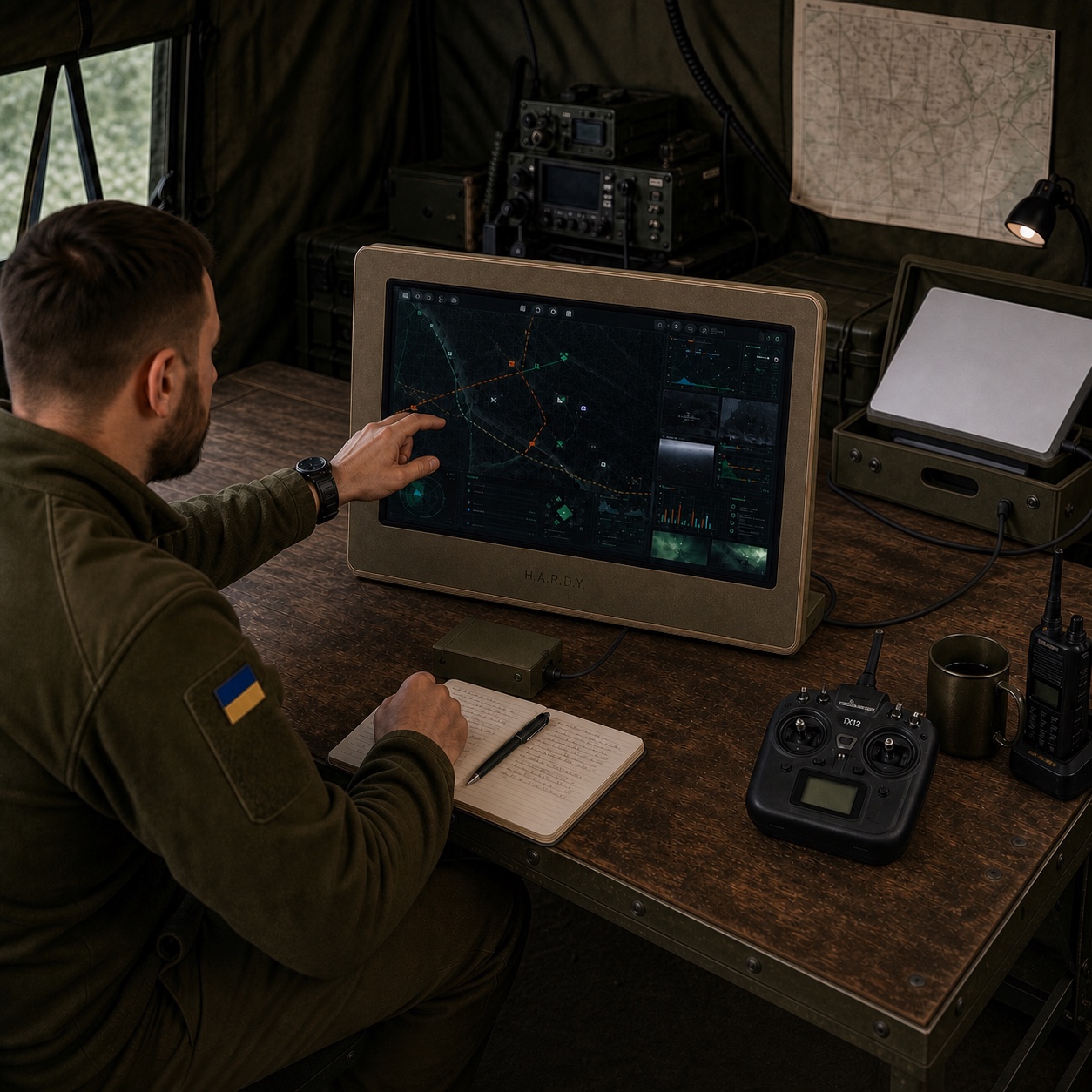 Вертикальна настільна конфігурація HARDY GCS 32 на інтегрованій задній опорі з радіопультом, Starlink Mini у захисному коробі та модульним живленням