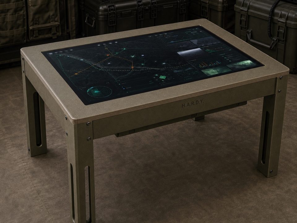 Наземна станція керування HARDY GCS 32 у форматі горизонтального сенсорного столу з чотирма фанерними ніжками та покриттям Raptor