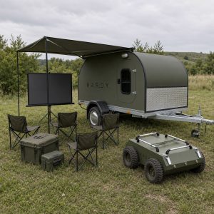 Мобільний навчальний модуль HARDY MOBILE ACADEMY поруч із наземним роботом HARDY МУЛ